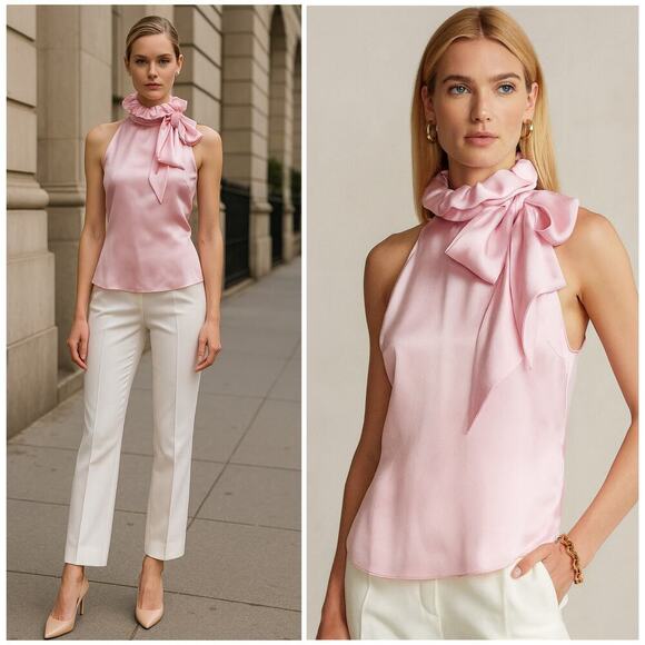 Ralph Lauren Collection Purple Label Ruffle Collar Silk Blouse Tie Neck Pink 2 - Picture 13 of 15